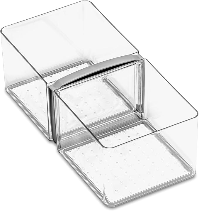 madesmart Fridge Portable Tote, Condiment Caddy with 2 Compartments, Pop-Up Handle & Non-Slip Base, Refrigerator Organizer for Sauces, Jars & Small Items, Clear