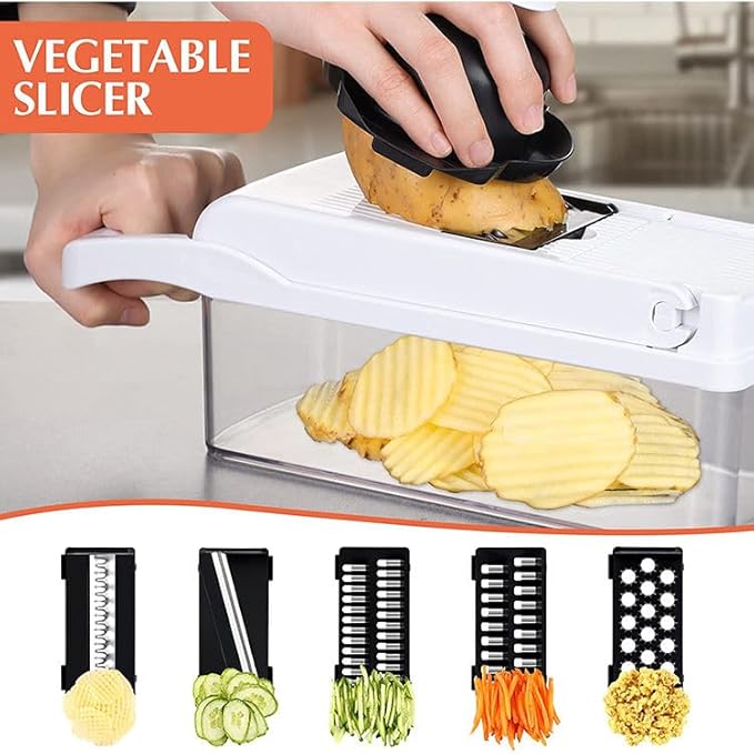 Vegetable Chopper: 10 in 1 Food Chopper - Onion Vegetable Slicer Cutter Dicer, Veggie Cutter with Container, 7 Blades, Kitchen Gadgets for Carrot Salad Garlic Potato Slicer (Black/White)