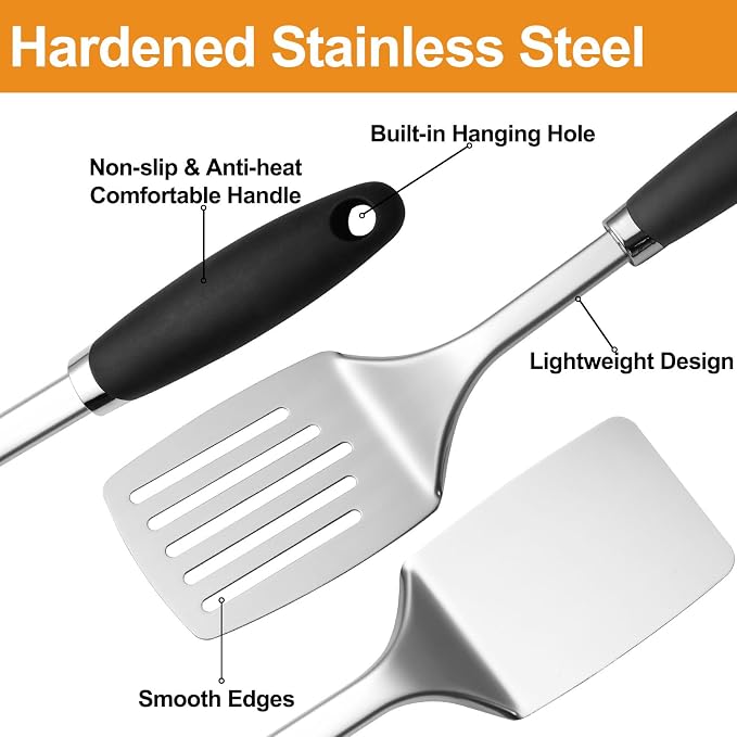 Stainless Steel Spatulas Set, 2 Pack Solid & Slotted Turner Spatulas, Metal Spatula Set for Cast Iron, Griddle, Eggs, Burgers and Pancakes