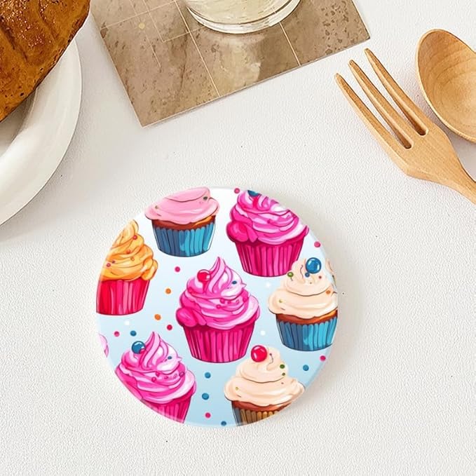Ceramic Stone Coasters for Drinks Set of 1, Cupcakes Cute Round Absorbent Cup Coasters Protection for Coffee Table Kitchen Counter Decor (4 * 4 Inch)