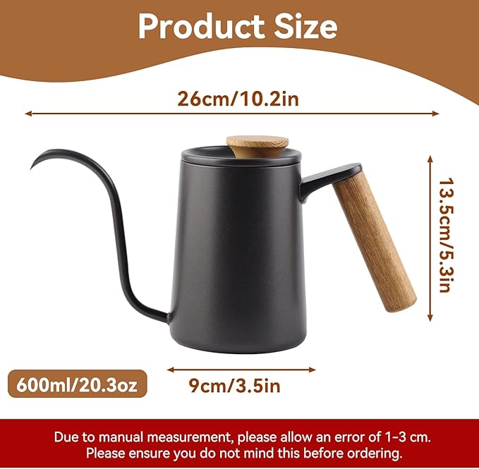 Gooseneck Kettle, 20oz/600ml Small Pour over Coffee Kettle with Long Narrow Spout, 304 Stainless Steel Hand Drip Coffee Tea Pot Camping Coffee Pot for Travel Outdoor, 10.2 X 5.3 X 3.54inch（Black）