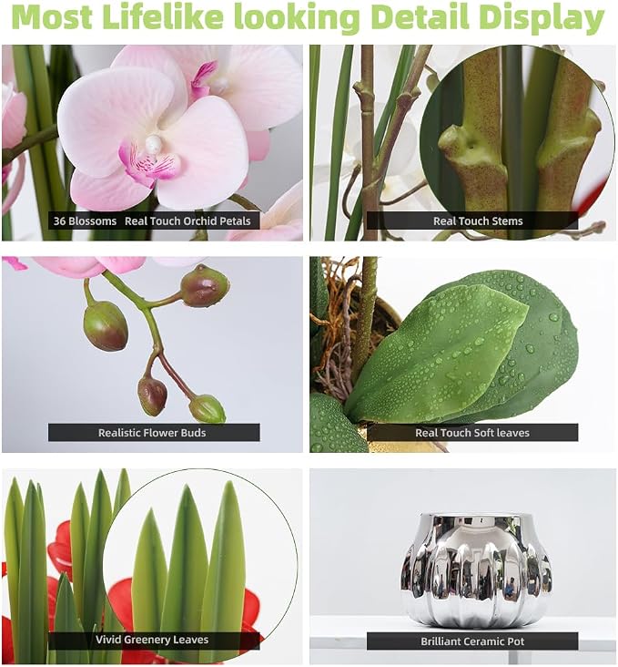 CXGS Artificial Orchid Flower Real Touch Faux Orchids in Ceramic Vase Large 22.9'' Fake Flowers Pink Phalaenopsis Floral for Home Indoor Decor