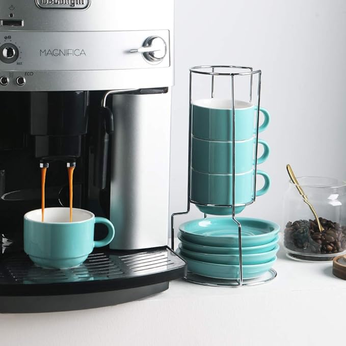Sweejar Porcelain Espresso Cups with Saucers, 4 Ounce Stackable Cappuccino Cups with Metal Stand for Coffee Drinks, Latte, Tea - Set of 4 (Turquoise)