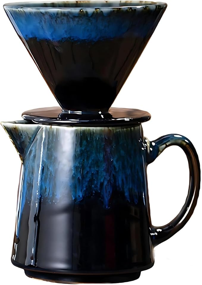 Ceramic Pour Over Coffee Dripper Vintage, Pour Over Coffee Maker Set, Filter Cup, Coffee Brewer Cone Filter, V60 Dripper & Decanter set, for Home Café Restaurant, 1-2 Cup (Gradient Blue)