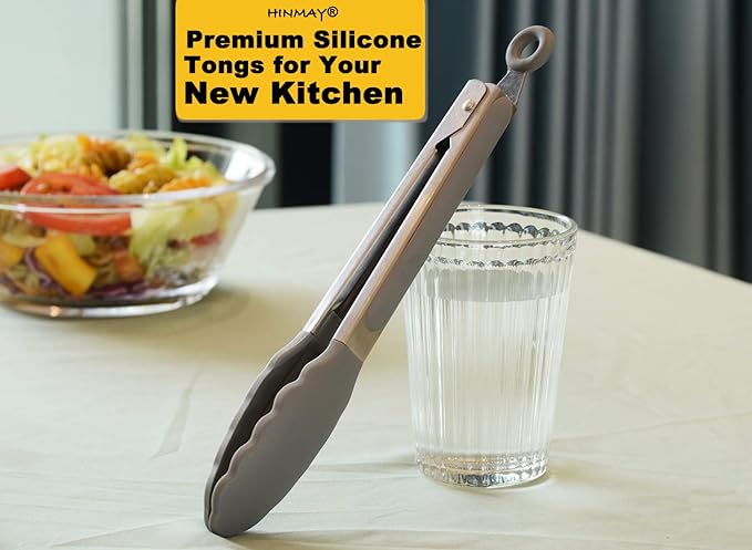 HINMAY Locking Kitchen Tongs with Silicon Tips 9-Inch Stainless Steel Grilling Tongs, Set of 3 (Gray)
