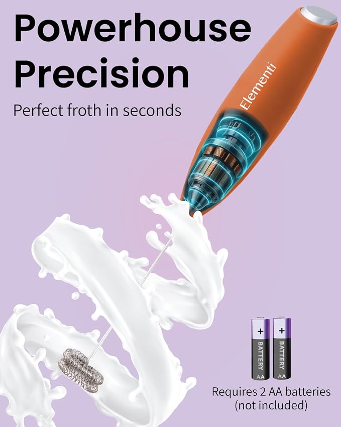 Elementi Milk Frother Wand - Easy to Use Handheld Electric Stirrer for Powder Drinks, Durable & Powerful Coffee Whisk & Protein Powder Mixer Wand, Hand Frother, Coffee Stirrers Electric (Orange)