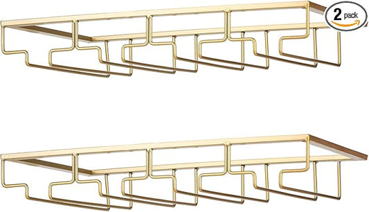FOMANSH Wine Glass Rack - Under Cabinet Stemware Wine Glass Holder Glasses Storage Hanger 2 Pack Metal Organizer for Bar Kitchen 4 Rows Gold