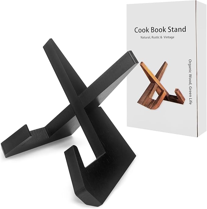 Rustic Black Cookbook Stand for Kitchen, Recipe Book Holder for Kitchen Counter, Wooden Cookbook Holder, Rustic Cook Book Holder Stand with Natural Wooden Grains (1 in Black)