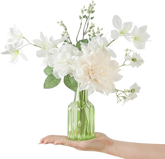 Faux Flowers with Vase,Small Artificial Silk Roses in Vase, Fake Plant Eucalyptus Flower Arrangement for Home Office Decoration, Living Room and Dining Table Centerpiece