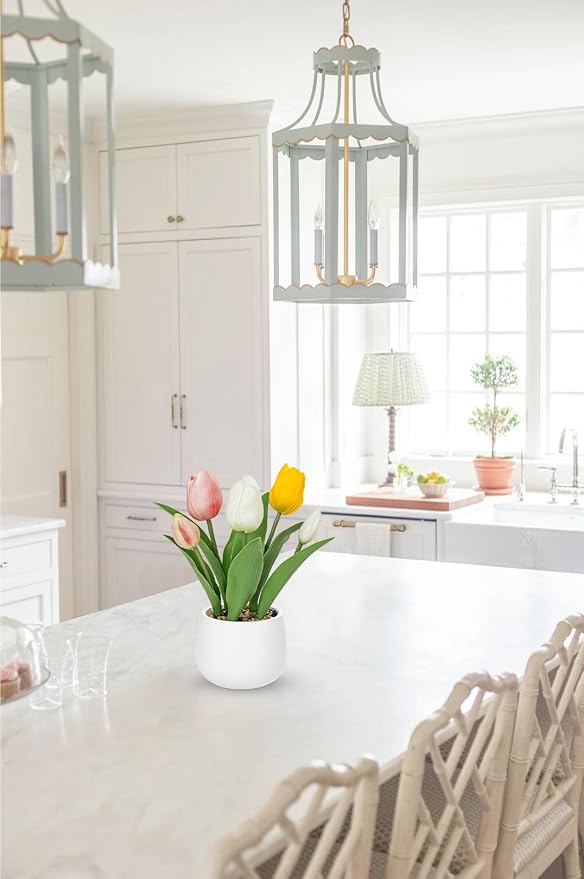 Hollyone Tulips Artificial Flowers in Vase Fake Tulips Silk Flowers Arrangements Faux Tulip Bulbs with Ceramic Pot Tulip Potted Plants Floral Bouquet for Home Decor Table Centerpiece Decorations