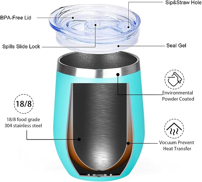MEZMUT 12 Oz Insulated Wine Tumbler with Lid Double Wall Vacuum Stainless Steel Wine Glass Coffee Mug Insulated Tumbler Cup for Champaign, Cocktail, Beer (Teal, 1 Pack)