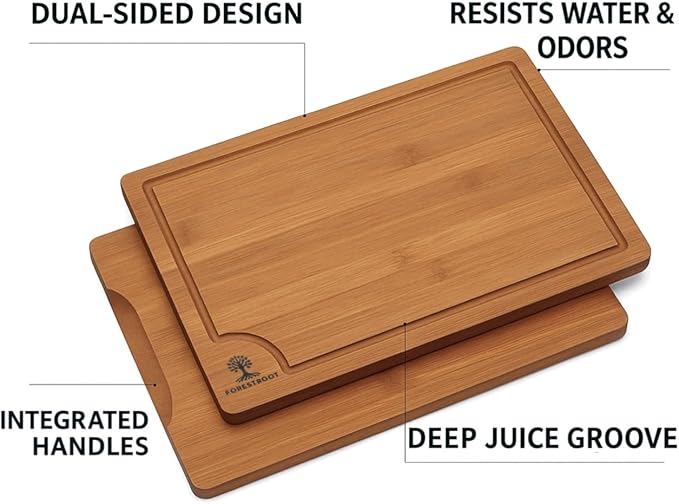Bamboo Cutting Board Set – 3-Piece Wooden Kitchen Boards for Meal Prep & Serving – Durable Bamboo with Deep Juice Groove & Side Handles – Great for Meat, Vegetables & Charcuterie (Brown)