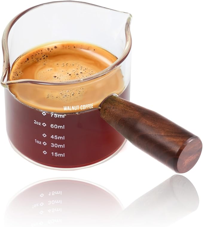 Handmade Espresso Shot Glass Double Spouts 3.5oz with American Walnut Handle, Espresso Measuring Cup, Double Spout Glass Measuring Cup, Milk Frothing Pitcher