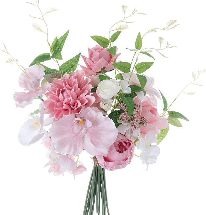 KIRIFLY Artificial Fake Flowers Silk Rose Flower Arrangements Wedding Bouquets Decorations Plastic Floral Table Centerpieces Home Kitchen Garden Party Décor (Pink White)