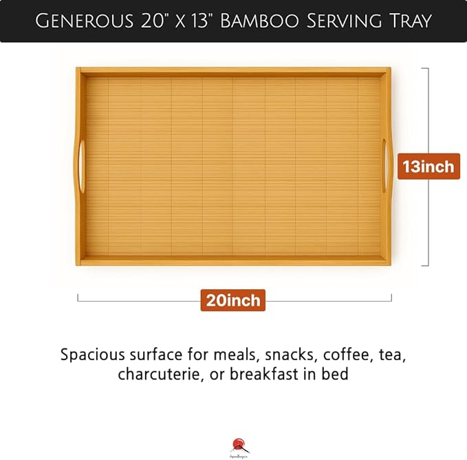 JapanBargain 4099, 2-Pack Large Bamboo Serving Trays with Handles, 20 x 13 Inch Wooden Tea Tray for Lunch Dinner Coffee Snacks Butler Shelf Display