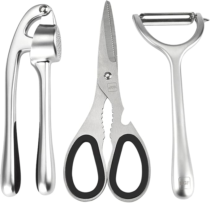 Magefesa Prisma 3-Piece Stainless Steel Kitchen Utensil Set – Includes Kitchen Scissors, Oscillating Peeler & Garlic Press – Premium 18/10 Stainless Steel, Dishwasher Safe