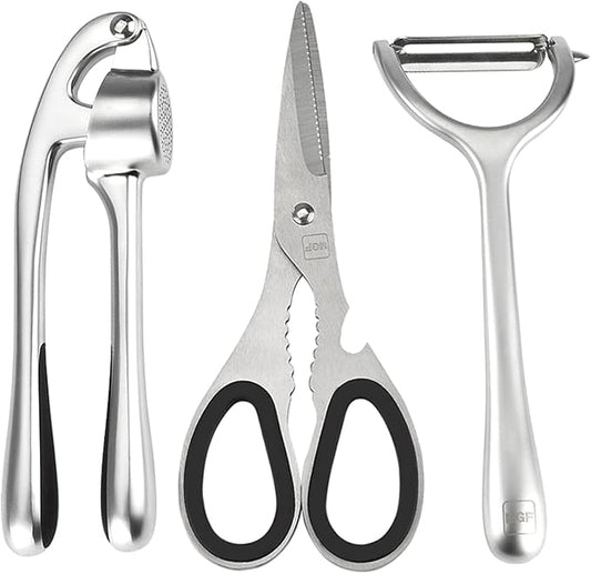 Magefesa Prisma 3-Piece Stainless Steel Kitchen Utensil Set – Includes Kitchen Scissors, Oscillating Peeler & Garlic Press – Premium 18/10 Stainless Steel, Dishwasher Safe