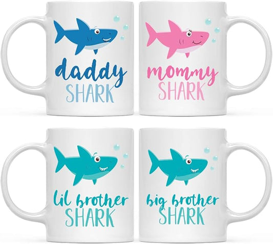 Andaz Press Baby Shark Family 11oz. Coffee Mug Gift Set, Mommy Daddy Big Lil Brother Shark, 4-Pack, Shark Do Do Do Gift Idea Birthday Christmas Gifts for Mother's Father's Day