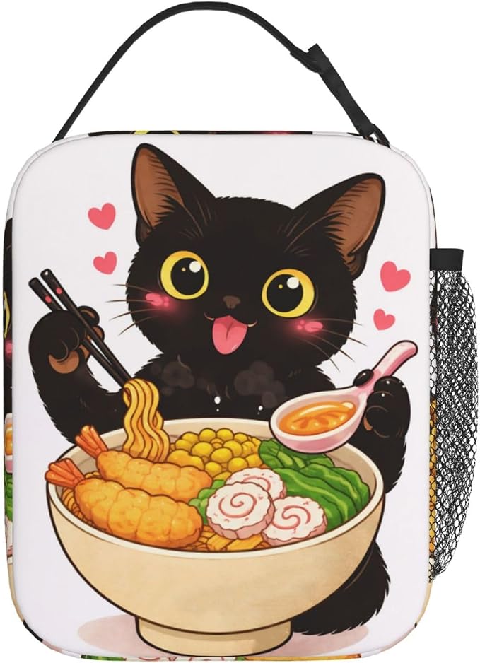 Black Cat Ramen Portable Lunch Bag, Insulated Lunch Box Reusable Totes for Women Men Adults, Lunchbag for Work Picnic Camping