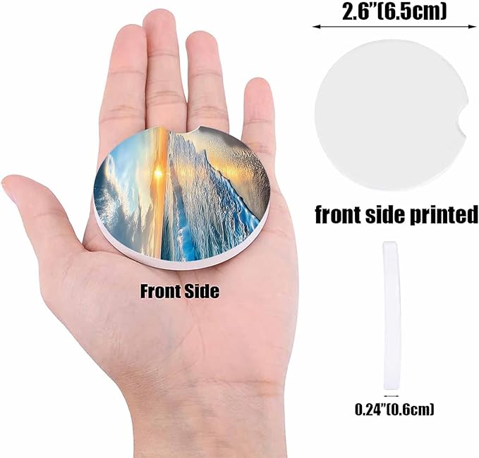 Small Car Coasters for Cup Holders 2.65" Absorbent 6 Pack Car Coaster Ceramic Stone for Drinks Absorb Water Drops Beautiful Sunset Seascape Waves and Beach