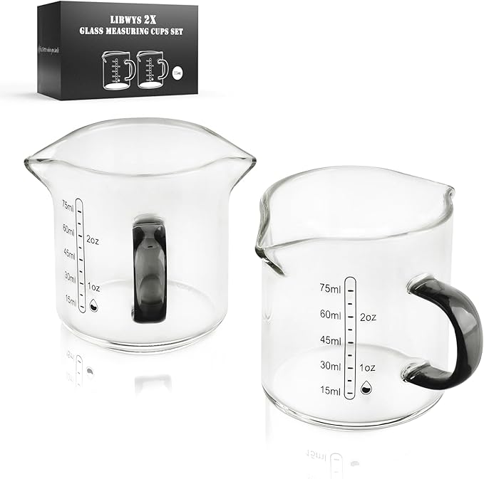 LIBWYS 2x75ml(2.5oz) Glass Measuring Cup, Espresso Cups V-Shaped Mouth with Handle, Heat-resistant Borosilicate Glass Liquid Measuring Cup