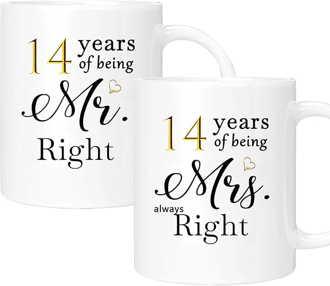 14th Anniversary Coffee Mugs Set of 2, 14 Year Anniversary Wedding Gifts Decorations for Couple Parents Men Women Husband Wife Him Her, Gift Box Packaging, 11oz
