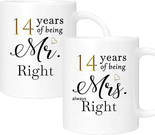 14th Anniversary Coffee Mugs Set of 2, 14 Year Anniversary Wedding Gifts Decorations for Couple Parents Men Women Husband Wife Him Her, Gift Box Packaging, 11oz