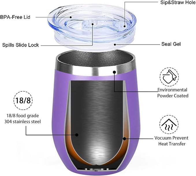 MEZMUT 12oz Insulated Wine Tumbler with Lid Double Wall Vacuum Stainless Steel Wine Glass Coffee Mug Insulated Tumbler Cup for Champaign, Cocktail, Beer (Purple, 1 Pack)