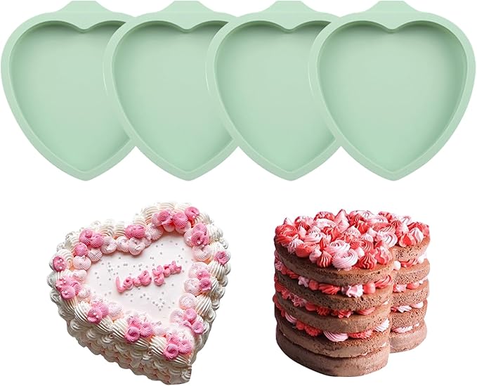 QELEG 4Pcs Heart Shaped Cake Pans,6 inch Silicone Pancake Mold,layer Cake Pan Sets for Jumbo Whoopie Pie, Vegetable Pancakes, Taco Shells, Pizza Crust, Omelet, and Resin Craft(Heart)