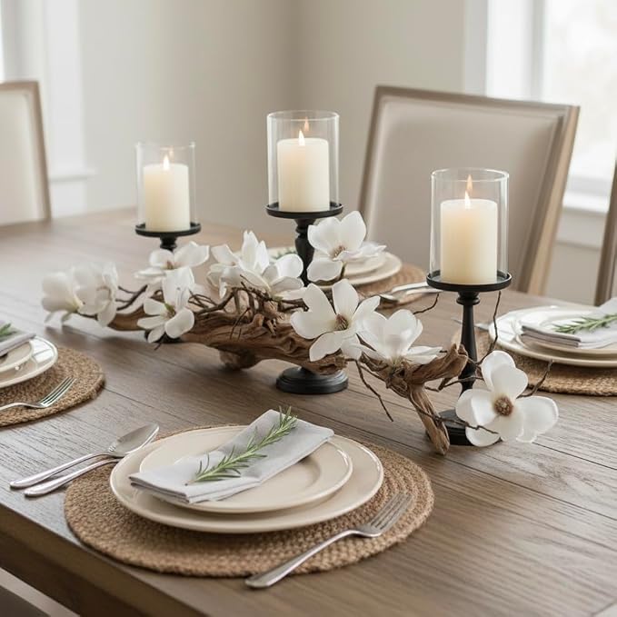 Modern Dining Table Centerpiece, Magnolia Driftwood Candle Holder Set Black