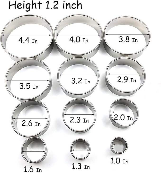 Stainless Steel Round Cookie Cutter Set, 12 Circular Biscuit Cutters Round Donut Ring Molds for Baking 1.2 Inch Height