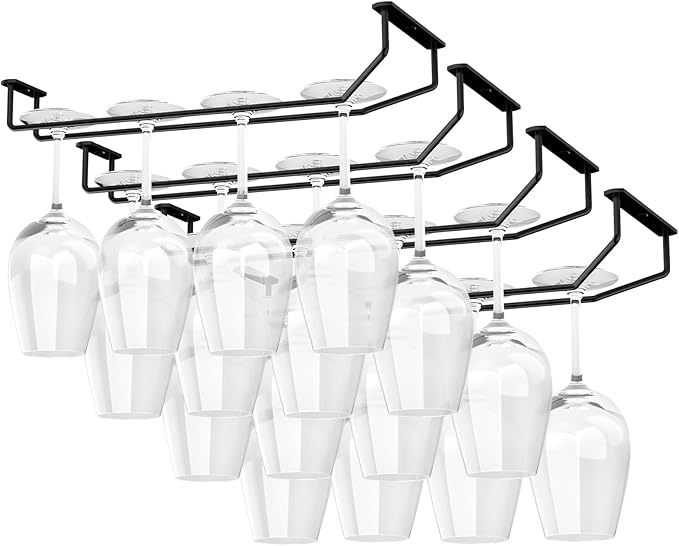 FOMANSH 14-Inch Under Cabinet Wine Glass Holder - Metal Stemware Rack, Single Rail Hanging Rack for Kitchen Bar - Set of 4