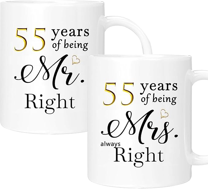 55th Anniversary Coffee Mugs Set of 2, 55 Year Anniversary Wedding Gifts Decorations for Couple Parents Grandparents Men Women Husband Wife Him Her, Gift Box Packaging, 11oz