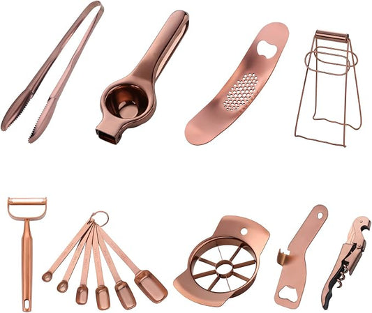 Rose Gold Garlic Press Bottler Wine Opener Measuring Spoons Lemon Squeezer Vegetable Peeler Apple Cutter Kitchen Tongs Hot Plate Gripper Ice Tongs Kitchen Accessories Tools Set, Dish Washer Safe