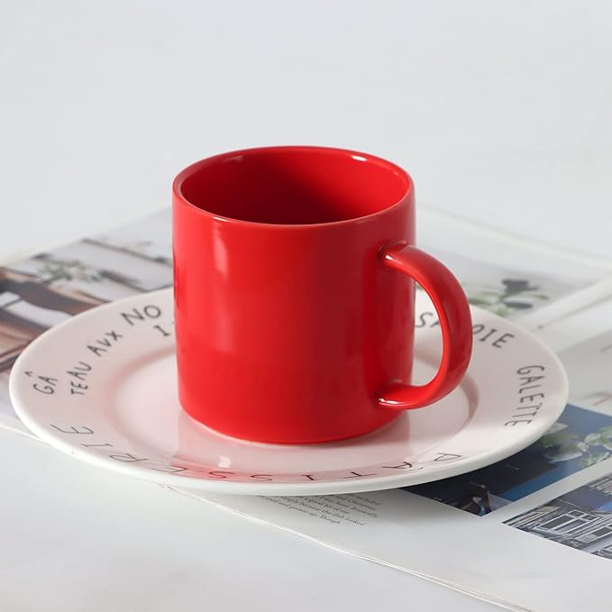 12 oz Stackable Coffee Mugs for Office Party, M101 Novelty Ceramic Cup for Boy Girl lover Women Men, Set of 4, Red