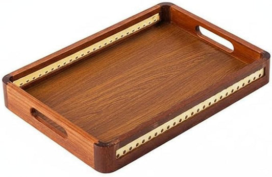 Wooden Tray with Handles Metal Handle Wooden Serving Tray Home, Grid Wooden Handle, Medium 38 26 5cm