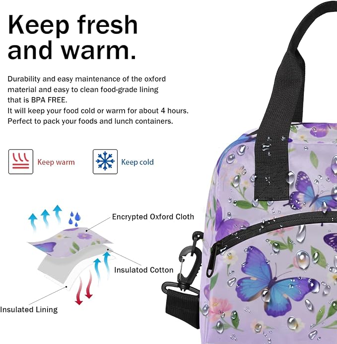Elegant Purple Butterfly Lunch Bag Women Lunch Box for Women Adult Men Reusable Cute Lunch Box Tote Cooler Bags Insulated Portable Lunch Containers for Work, Office, Travel, Picnic