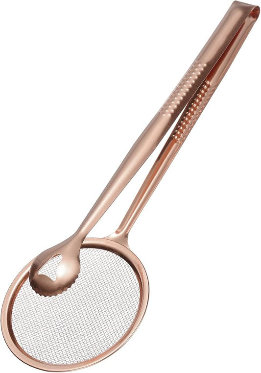 uxcell Stainless Steel Strainer Tongs, 11.2" Multi-Functional Food Strainer with Clip Fine Mesh Oil Filter Skimmer Hot Pot Clips for Kitchen Tool Restaurant Frying Cooking, Rose Red