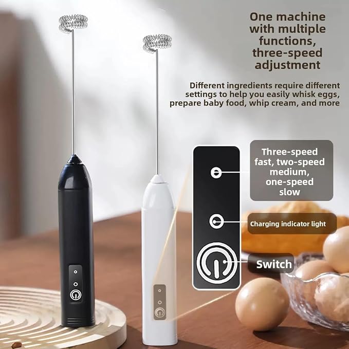 Milk Frother Handheld Rechargeable – Electric Matcha Whisk & Drink Mixer, Foam Maker for Latte, Cappuccino, Bulletproof Coffee, Portable Stainless Steel Frother for Home, Office & Travel. (Black)