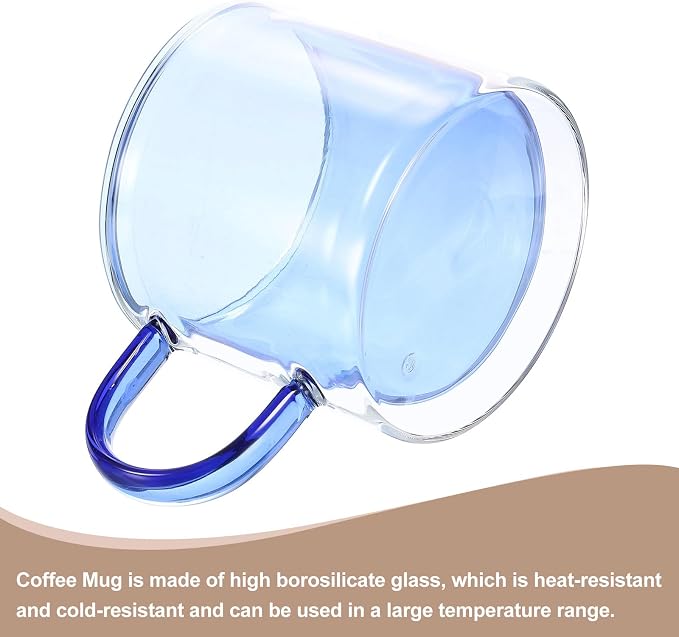 uxcell 8.4 oz Double Wall Glass Coffee Mugs, Glass Tea Cup with Widened Handles for Espresso Coffee, Cappuccino, Tea Bag, Latte, Hot Cold Beverages, Juice, Blue