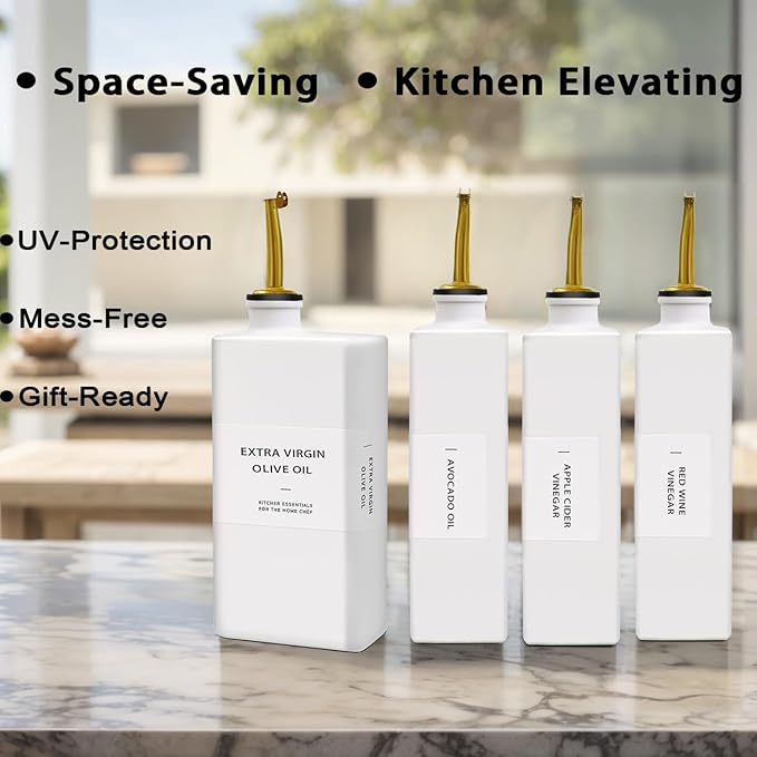 Olive Oil Dispenser Bottle for Kitchen, 16.9oz Soy Sauce Dispenser, UV Protected Oil&Vinegar Cruet Set, Soy Sauce Dispenser (White, Set of 2)
