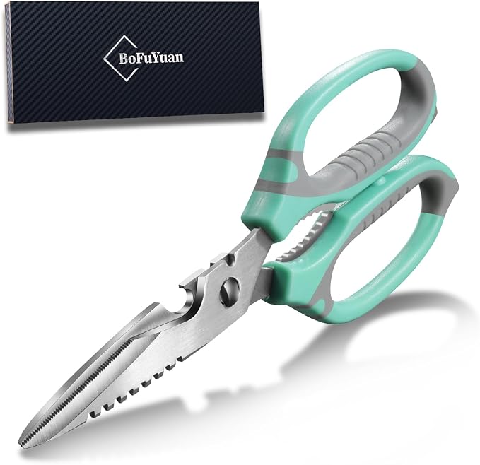 BoFuYuan Kitchen Scissors, 9-Inch Heavy Duty Multipurpose Food Cutting Shears, Detachable Dishwasher Safe, Sharp Serrated Blade, Ergonomic Non-Slip Handle for Food, Meat, Herbs, Green
