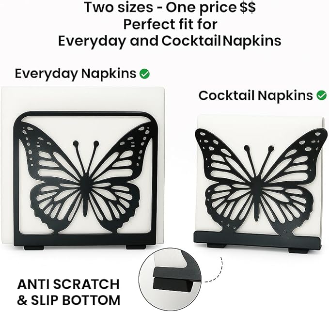 LFT 2‑Pack Napkin Holder Set, butterfly napkin holder set for everyday and cocktail napkins, metal stand for table, kitchen