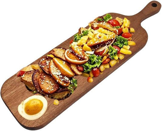 Acacia Wood Serving Board with Handle - 16" x 5" Food Serving Tray for Kitchen Appetizers, Wooden Cutting Chopping Board for Meat, Vegetables, Bread, Charcuterie, Cheese Board