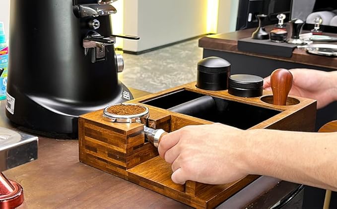 NAVREX 13.4'' Large Espresso Knock Box and Tamping Station, Solid Wood Espresso Accessories Organizer Box for 51MM-58MM Tamper, Distributor, Portafilter, High-Capacity Espresso Coffee Organizer