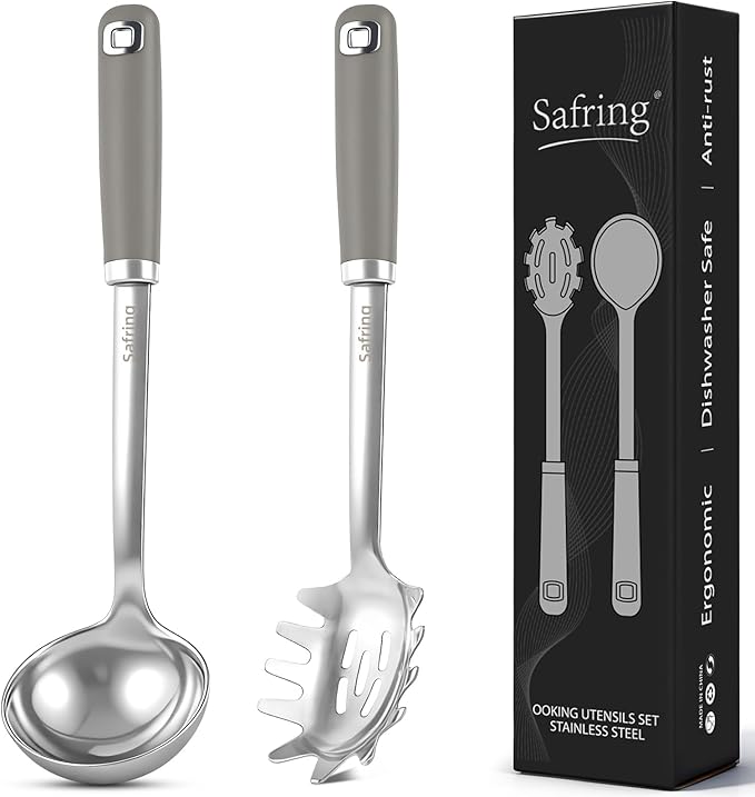 Safring Stainless Steel Soup Ladle and Spaghetti Spoon Set, Heat Resistant Rubber Handle, Dishwasher Safe, Kitchen Utensils for Cooking, Stirring, Serving Pasta, Soup & Sauce (Gray)