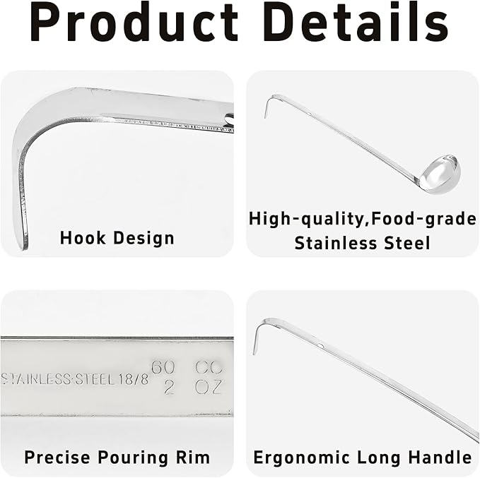 2Pcs 2oz Stainless Steel Soup Ladle, Long Handle Ladles with Pouring Rim for Cooking, Serving Soup, Sauce, Stew, Kitchen