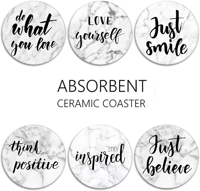 Britimes Coaster for Drinks Set of 6, Marble What You Love Inspirational Absorbent Round Ceramic Stone Mat, with Cork Base and Metal Holder, Gift for Housewarming Room Bar Decor