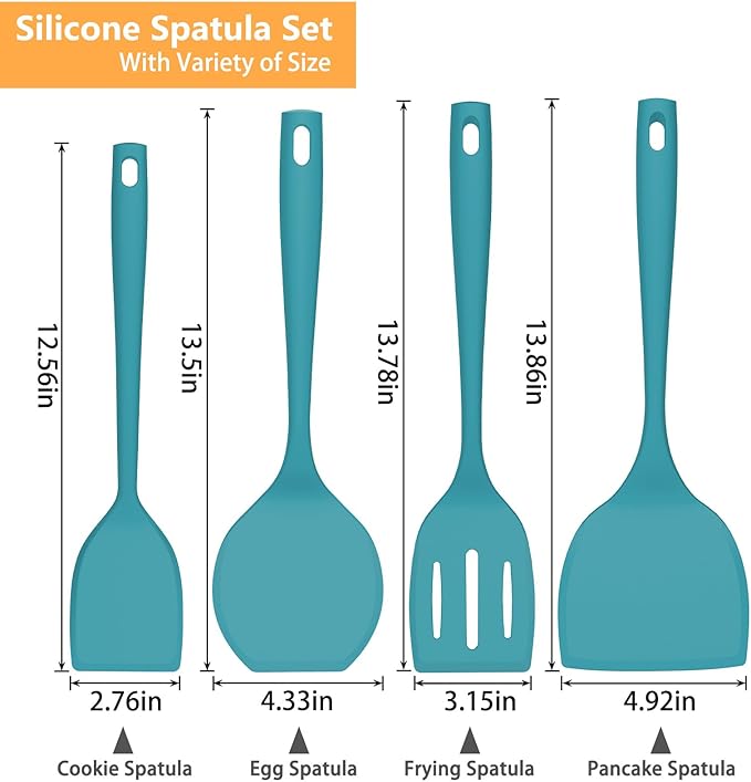 Silicone Spatula Set, 600°F Heat Resistant Spatulas for Cooking, BPA Free, Large Flexible Nonstick Flippers, Great for Egg, Pancake, Burger, Dishwasher Safe (4 Pack, Teal)