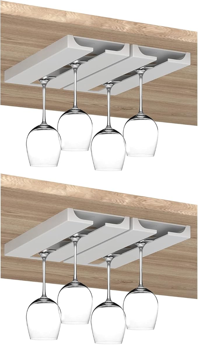 4 PCS Under Cabinet Punch-free Plastic Wine Glass Holder,No Drilling Stemware Rack Glasses Storage Hanger Hanging Stemware Rack for Bar Cabinet Kitchen,White